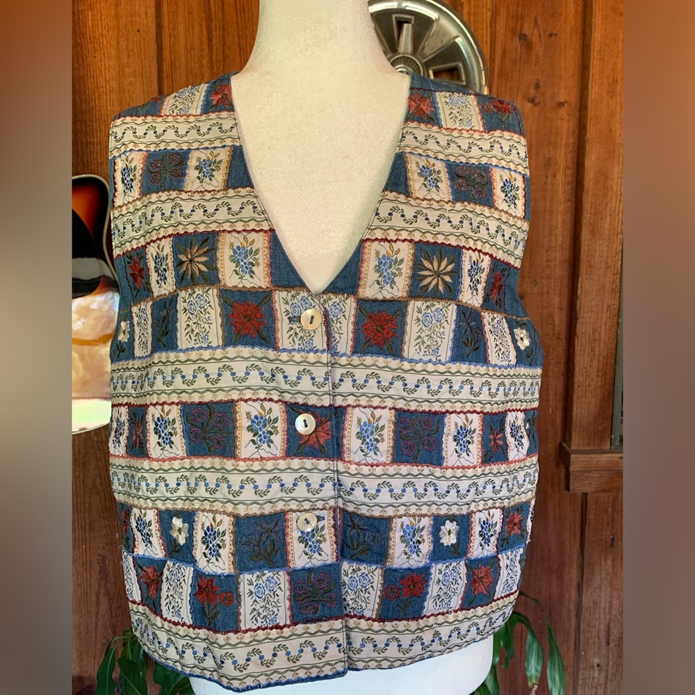 Tantrum Blues Vintage Patchwork Embroidered Denim Vest Size L 90s